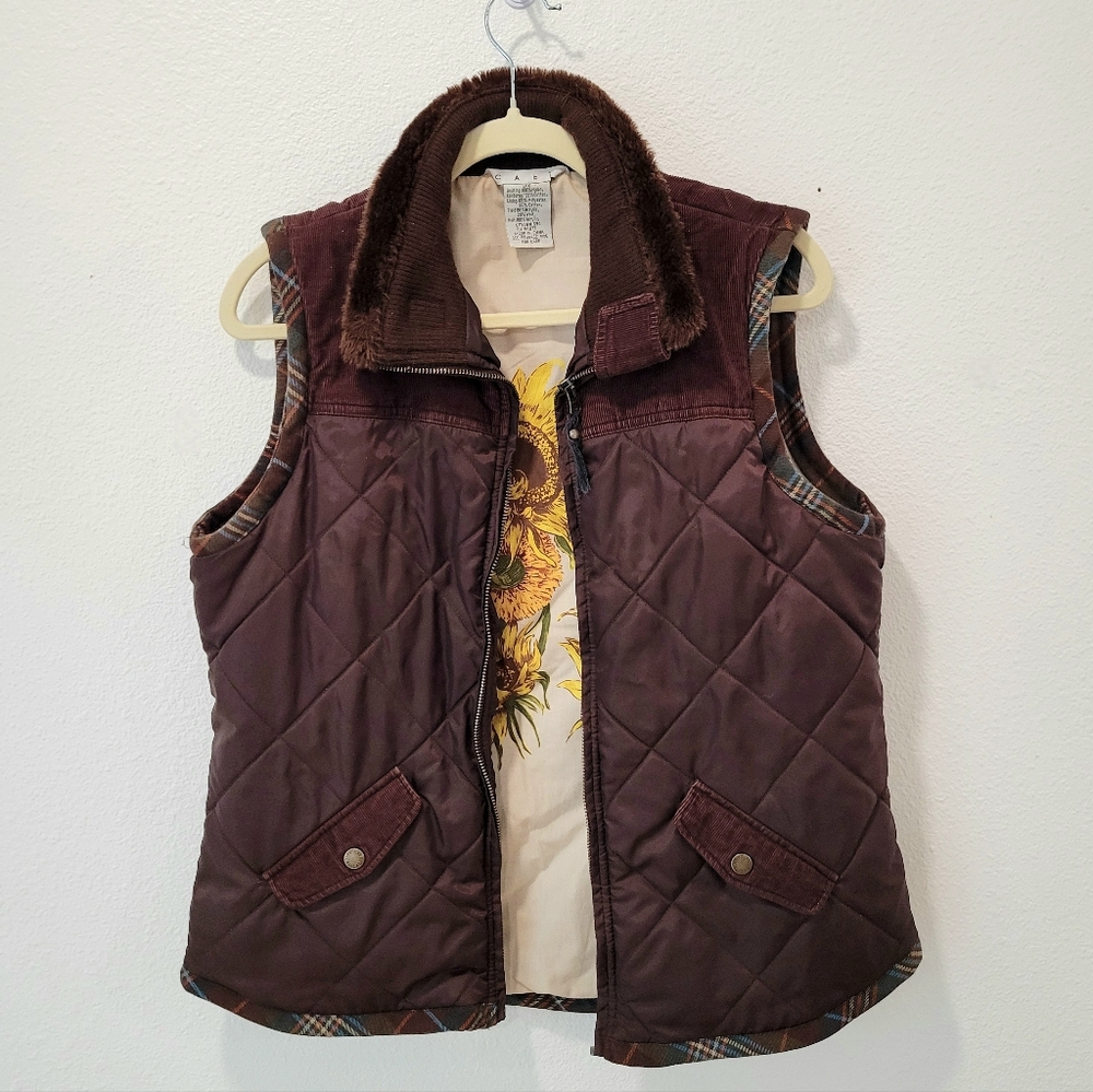 Cabi Brown Quilted Vest Womens L Faux Fur Collar Corduroy Plaid Sunflower Lining